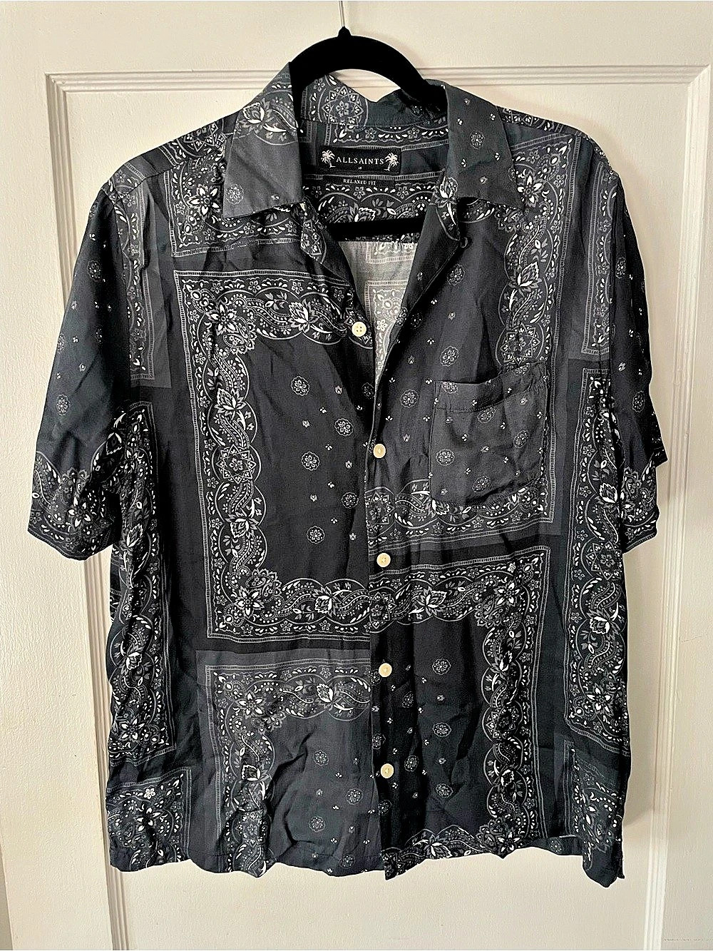 AllSaints Orizabo Bandana Print Relaxed Fit Shirt Black & White